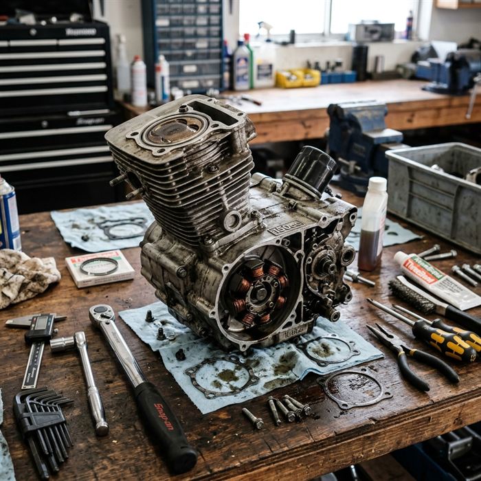 Mecânico consertando motor de motocicleta